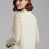 Women's Long Sleeve Top with Pleated Neckline and Textured Sleeves