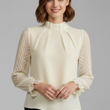Women's Long Sleeve Top with Pleated Neckline and Textured Sleeves