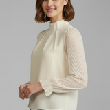 Women's Long Sleeve Top with Pleated Neckline and Textured Sleeves
