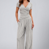 Women's Lounge Set with Wrap Top and Wide-Leg Pants
