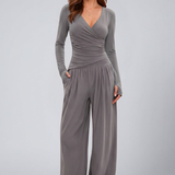 Women's Lounge Set with Wrap Top and Wide-Leg Pants