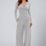 Women's Lounge Set with Wrap Top and Wide-Leg Pants