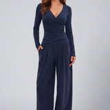 Women's Lounge Set with Wrap Top and Wide-Leg Pants