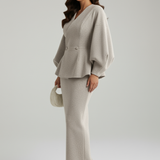 Women's Skirt Suit Set – Puff Sleeve Blazer and Midi Skirt Co-ord