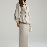 Women's Skirt Suit Set – Puff Sleeve Blazer and Midi Skirt Co-ord