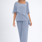 Women's 2-Piece Trouser Set - Layered Asymmetric Top and Cape Sleeves