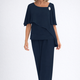 Women's 2-Piece Trouser Set - Layered Asymmetric Top and Cape Sleeves