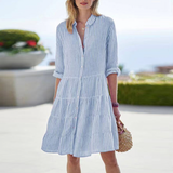 Women’s 3/4 Sleeve Button-Down Mini Dress - Striped Pattern
