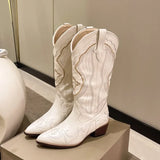 Women's Beige Cowboy Boots - Intricate Embroidery and Western Block Heel Detail