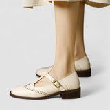 Women's Brogue Mary Jane Shoes - Low Block Heel and T-Bar Strap