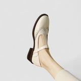 Women's Brogue Mary Jane Shoes - Low Block Heel and T-Bar Strap