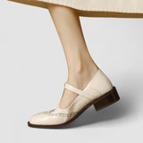Women's Brogue Mary Jane Shoes - Low Block Heel and T-Bar Strap