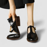 Women's Brogue Mary Jane Shoes - Low Block Heel and T-Bar Strap