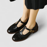 Women's Brogue Mary Jane Shoes - Low Block Heel and T-Bar Strap