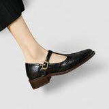 Women's Brogue Mary Jane Shoes - Low Block Heel and T-Bar Strap