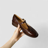 Women's Brogue Mary Jane Shoes - Low Block Heel and T-Bar Strap
