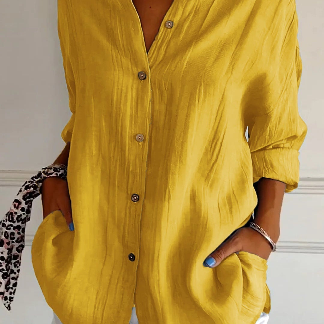 Women’s Button-Down Long Sleeve Blouse - Crinkled Linen Texture
