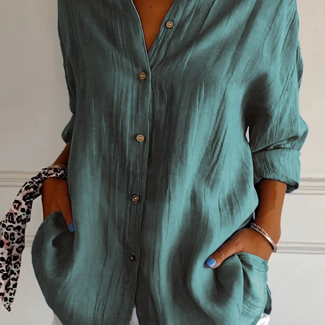 Women’s Button-Down Long Sleeve Blouse - Crinkled Linen Texture
