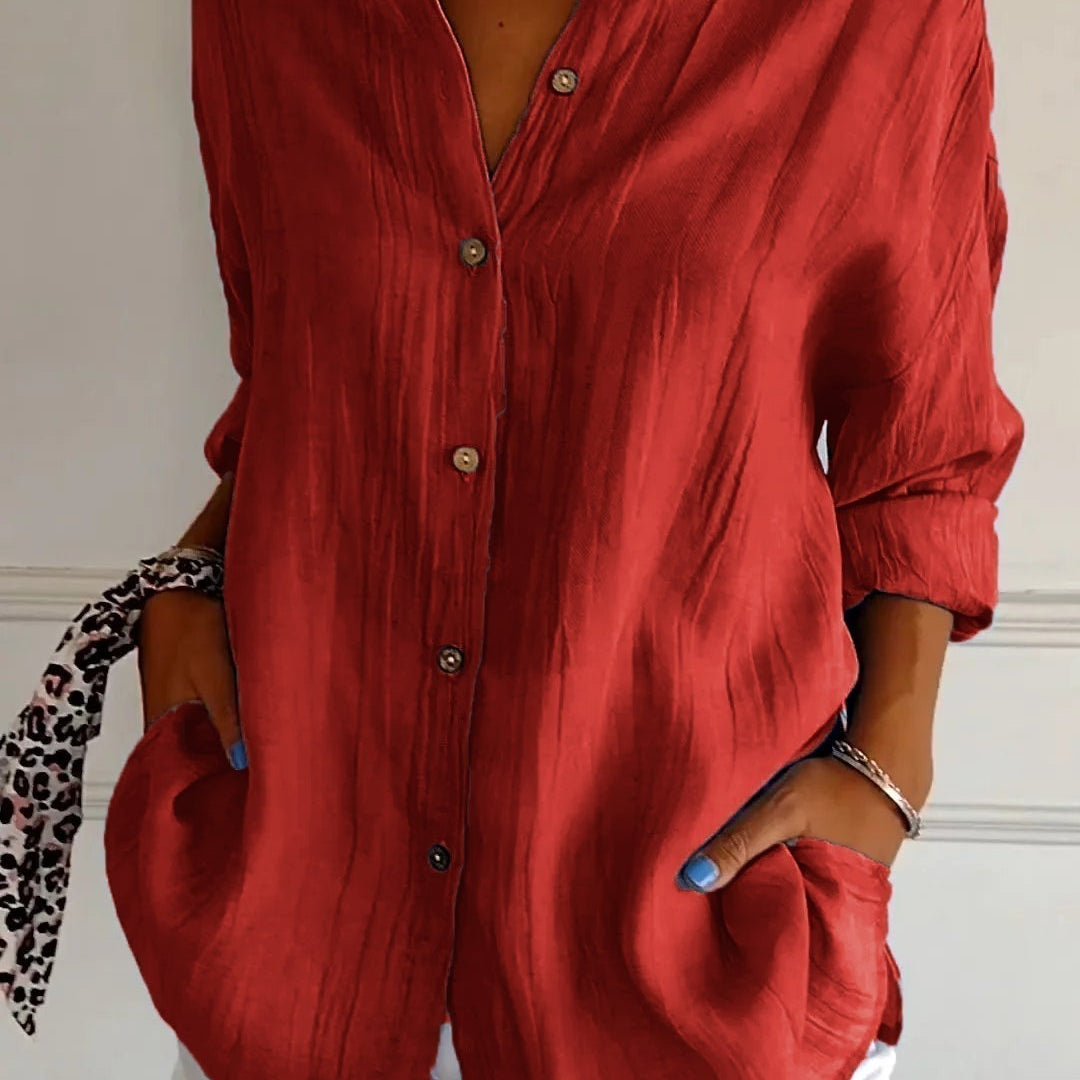 Women’s Button-Down Long Sleeve Blouse - Crinkled Linen Texture