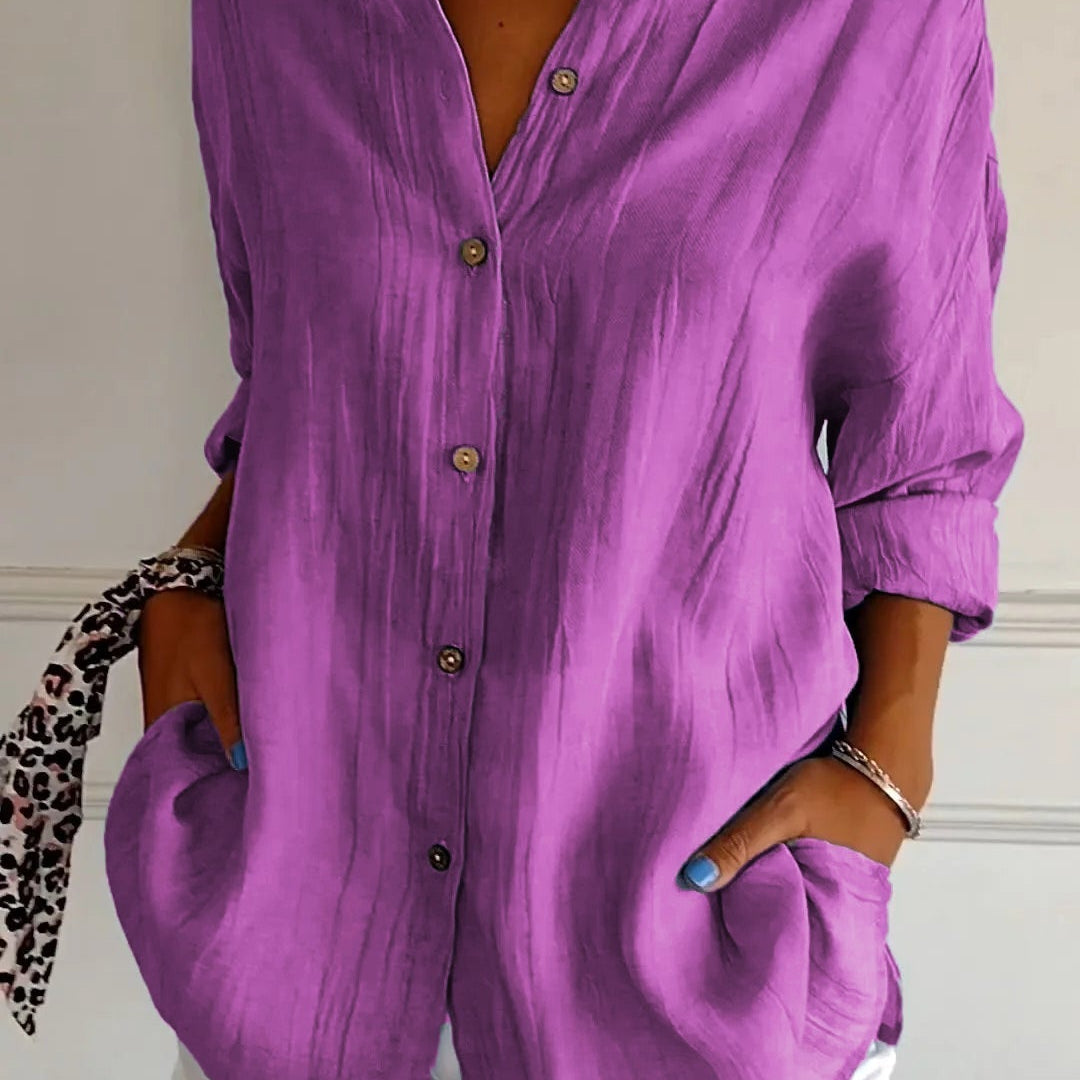 Women’s Button-Down Long Sleeve Blouse - Crinkled Linen Texture