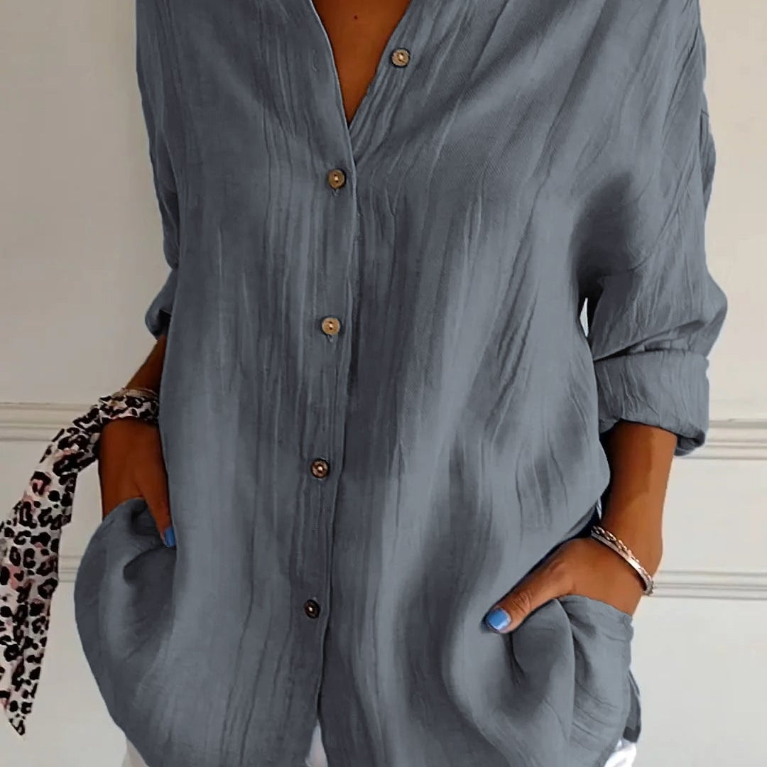 Women’s Button-Down Long Sleeve Blouse - Crinkled Linen Texture