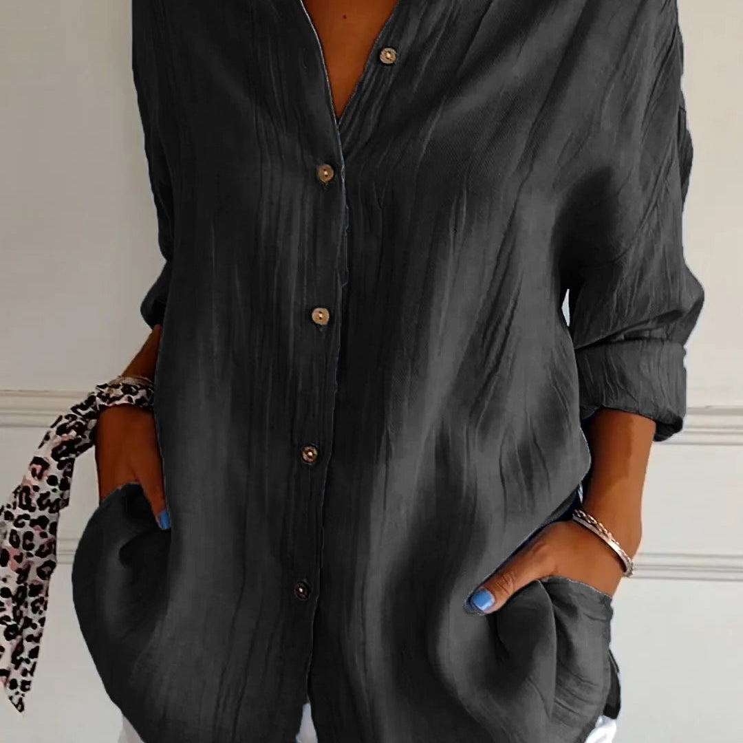 Women’s Button-Down Long Sleeve Blouse - Crinkled Linen Texture