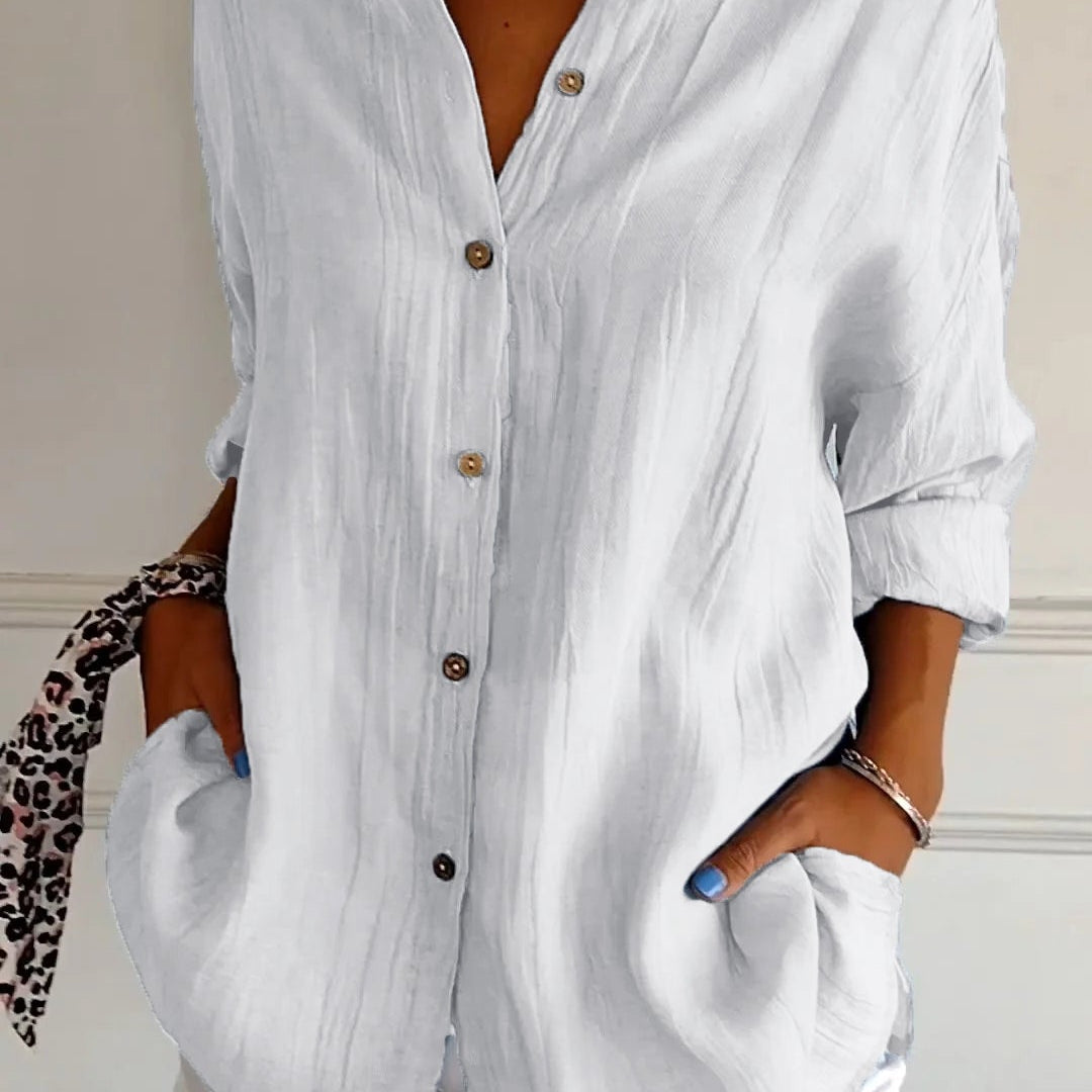 Women’s Button-Down Long Sleeve Blouse - Crinkled Linen Texture