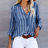 Women’s Button Down 3/4 Sleeves Blouse - Vertical Stripes Pattern