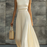 Women's Cream Sleeveless Pleated Midi Dress Knit Bodice and Flowing Skirt