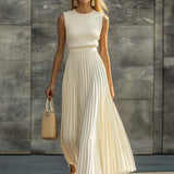 Women's Cream Sleeveless Pleated Midi Dress Knit Bodice and Flowing Skirt