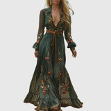 Women's Embroidered Boho Maxi Dress - Sheer Sleeves, Belted Waist, and Ruffle Hem