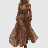 Women's Embroidered Boho Maxi Dress - Sheer Sleeves, Belted Waist, and Ruffle Hem
