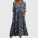 Women's Floral Linen Midi Dress - Empire Waist and Side Pockets