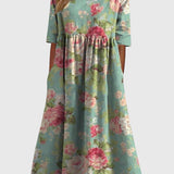 Women's Floral Linen Midi Dress - Empire Waist and Side Pockets