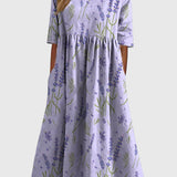 Women's Floral Linen Midi Dress - Empire Waist and Side Pockets