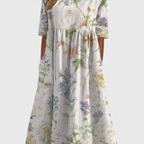 Women's Floral Linen Midi Dress - Empire Waist and Side Pockets