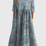 Women's Floral Linen Midi Dress - Empire Waist and Side Pockets
