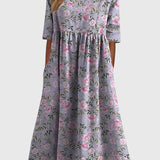 Women's Floral Linen Midi Dress - Empire Waist and Side Pockets
