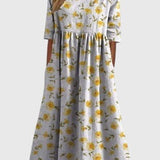 Women's Floral Linen Midi Dress - Empire Waist and Side Pockets