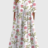 Women's Floral Linen Midi Dress - Empire Waist and Side Pockets