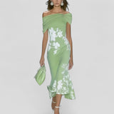 Women's Floral Midi Dress - Off-Shoulder and Ruched Bust Detail