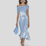 Women's Floral Midi Dress - Off-Shoulder and Ruched Bust Detail