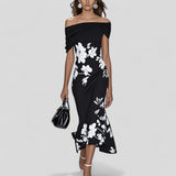 Women's Floral Midi Dress - Off-Shoulder and Ruched Bust Detail