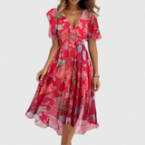 Women's Floral Midi Dress V-Neckline and Short Sleeves