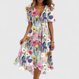 Women's Floral Midi Dress V-Neckline and Short Sleeves