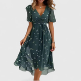 Women's Floral Midi Dress V-Neckline and Short Sleeves