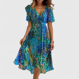 Women's Floral Midi Dress V-Neckline and Short Sleeves