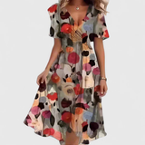 Women's Floral Midi Dress V-Neckline and Short Sleeves