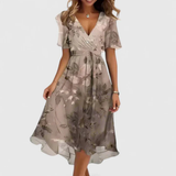Women's Floral Midi Dress V-Neckline and Short Sleeves