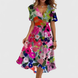Women's Floral Midi Dress V-Neckline and Short Sleeves